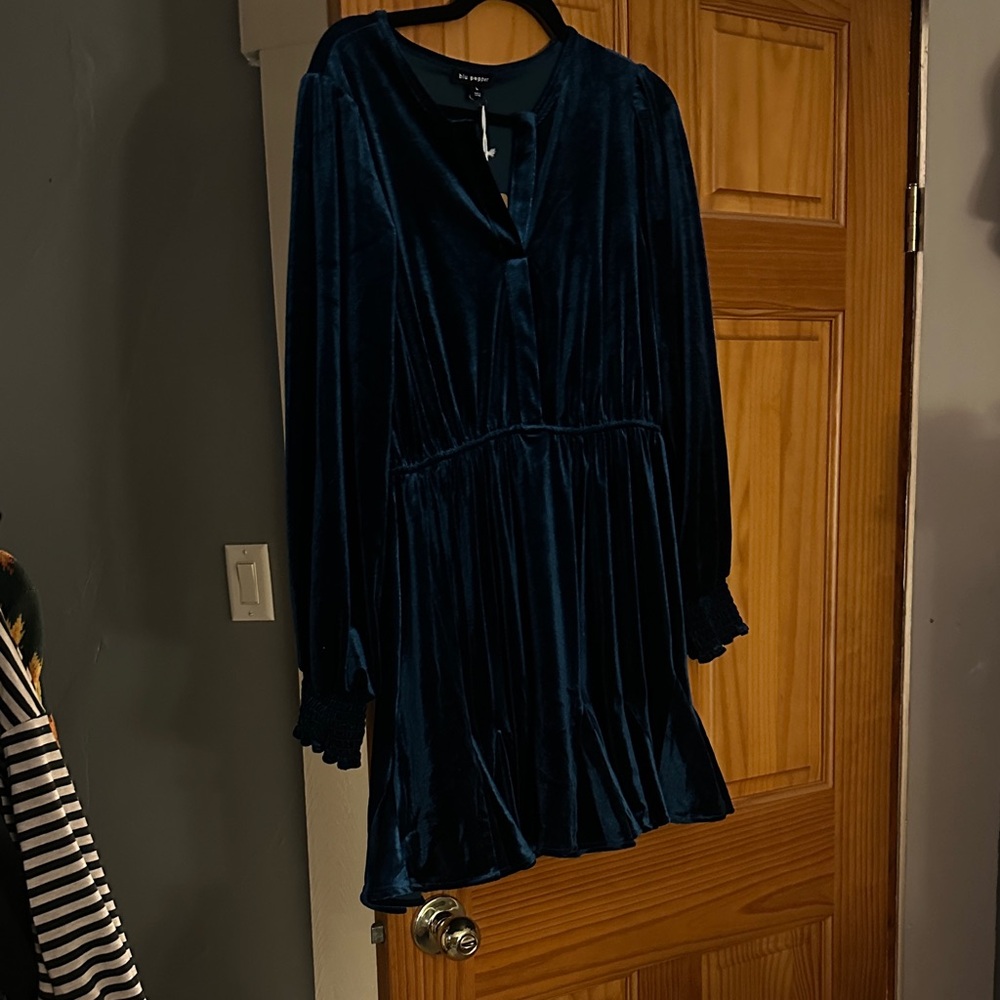 Blu Pepper Velvet Long Sleeve Dress in Deep Blue